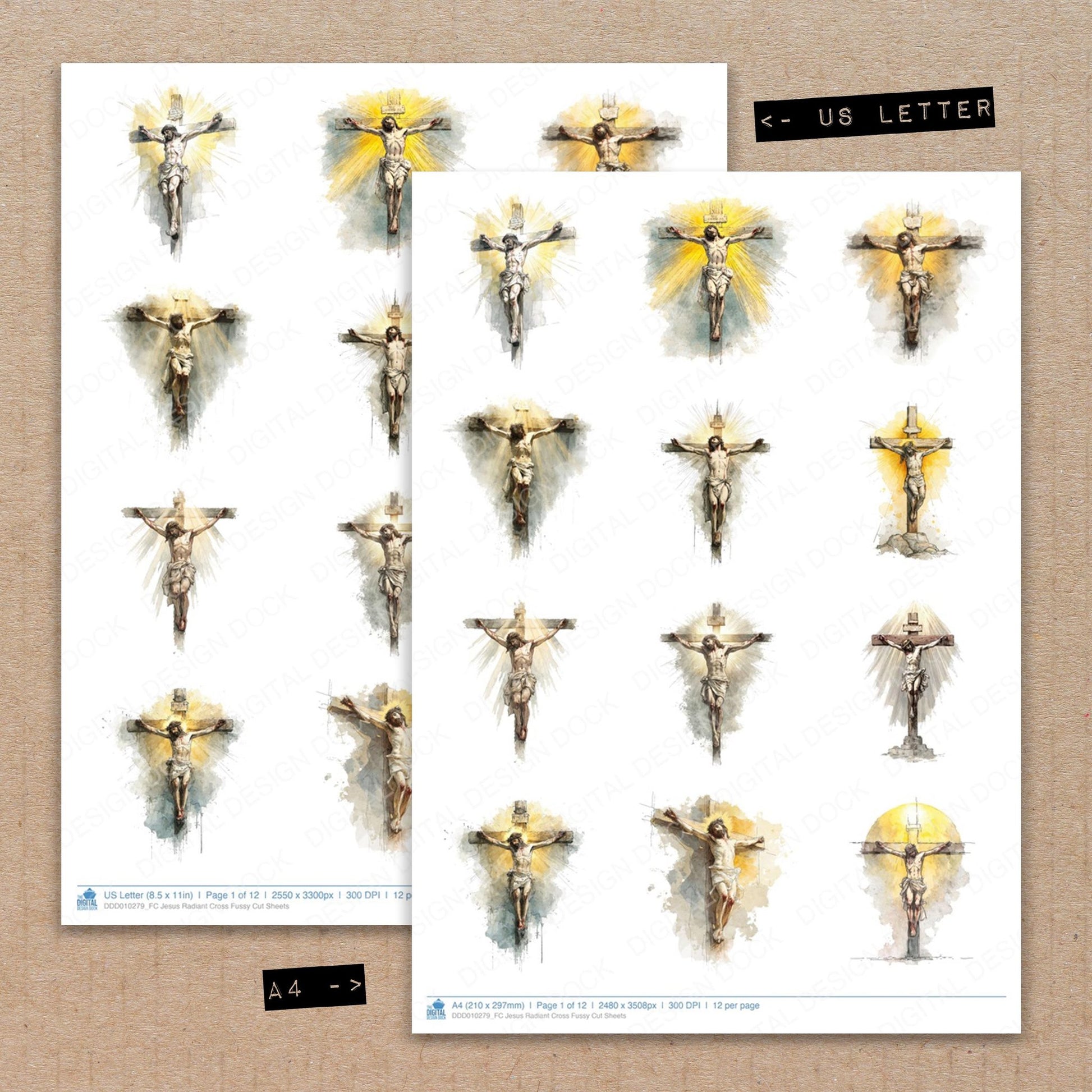 A4 and US Letter format comparison showing Jesus Radiant Cross fussy cut pages for print and cut crafting