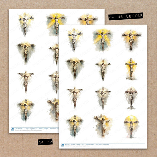 A4 and US Letter format comparison showing Jesus Radiant Cross fussy cut pages for print and cut crafting