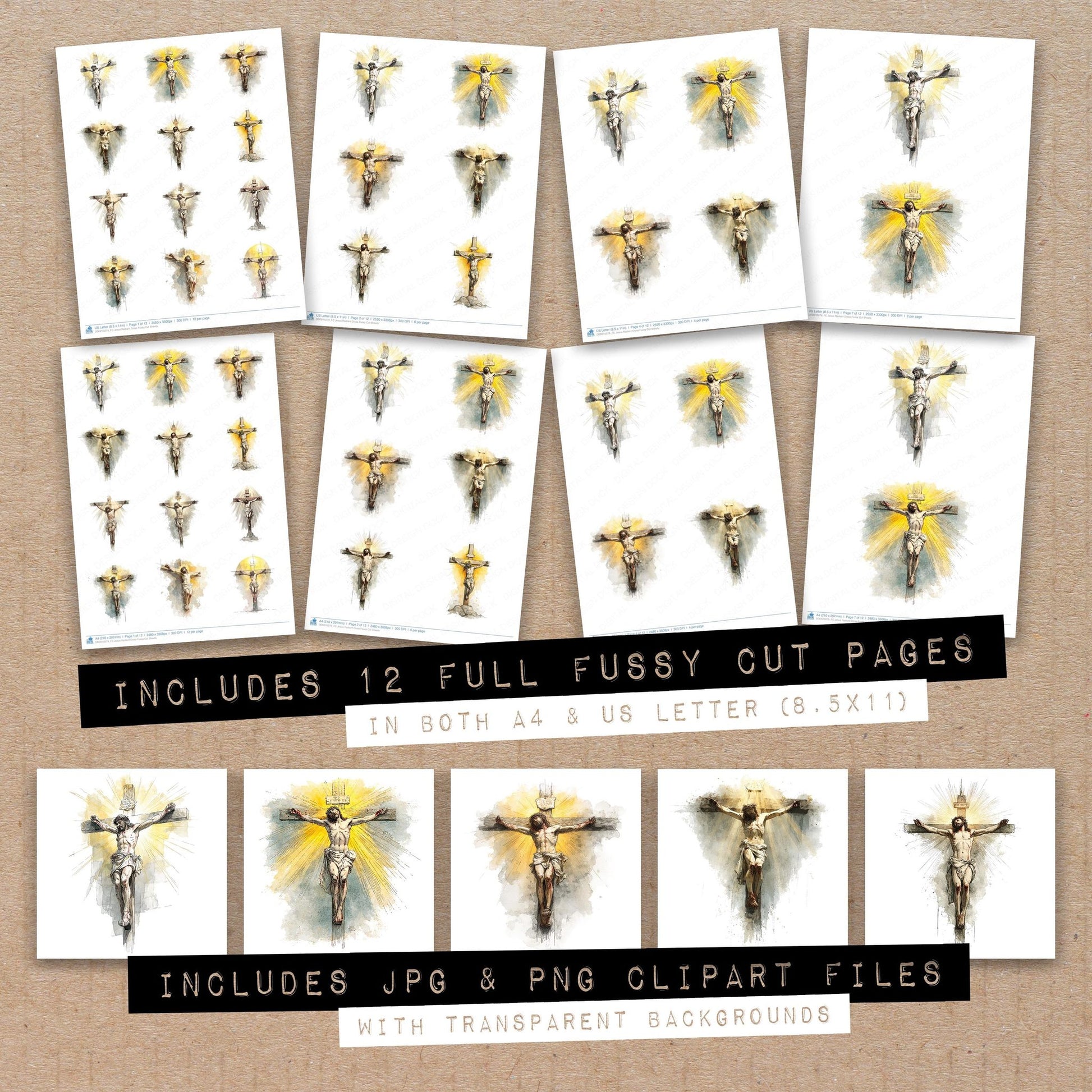 Full collection view of Jesus Radiant Cross fussy cut sheets with bonus clipart JPG and PNG files