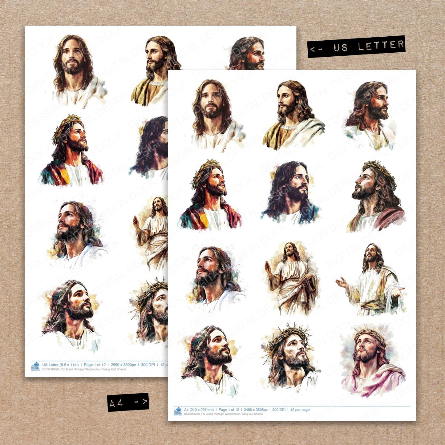 A4 and US Letter format comparison showing Jesus Vintage Watercolour fussy cut pages for print and cut crafting