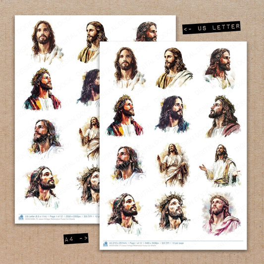A4 and US Letter format comparison showing Jesus Vintage Watercolour fussy cut pages for print and cut crafting