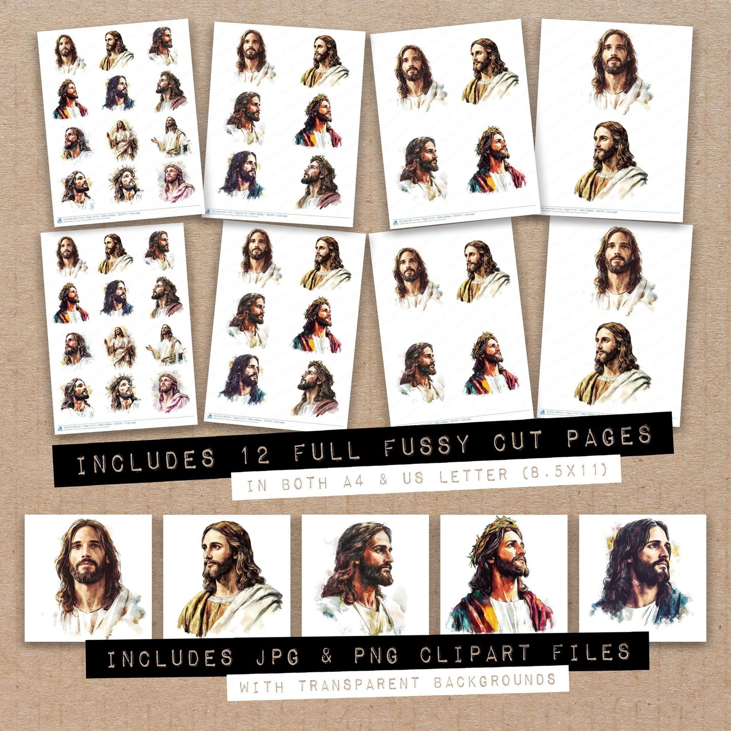 Full collection view of Jesus Vintage Watercolour fussy cut sheets with bonus clipart JPG and PNG files
