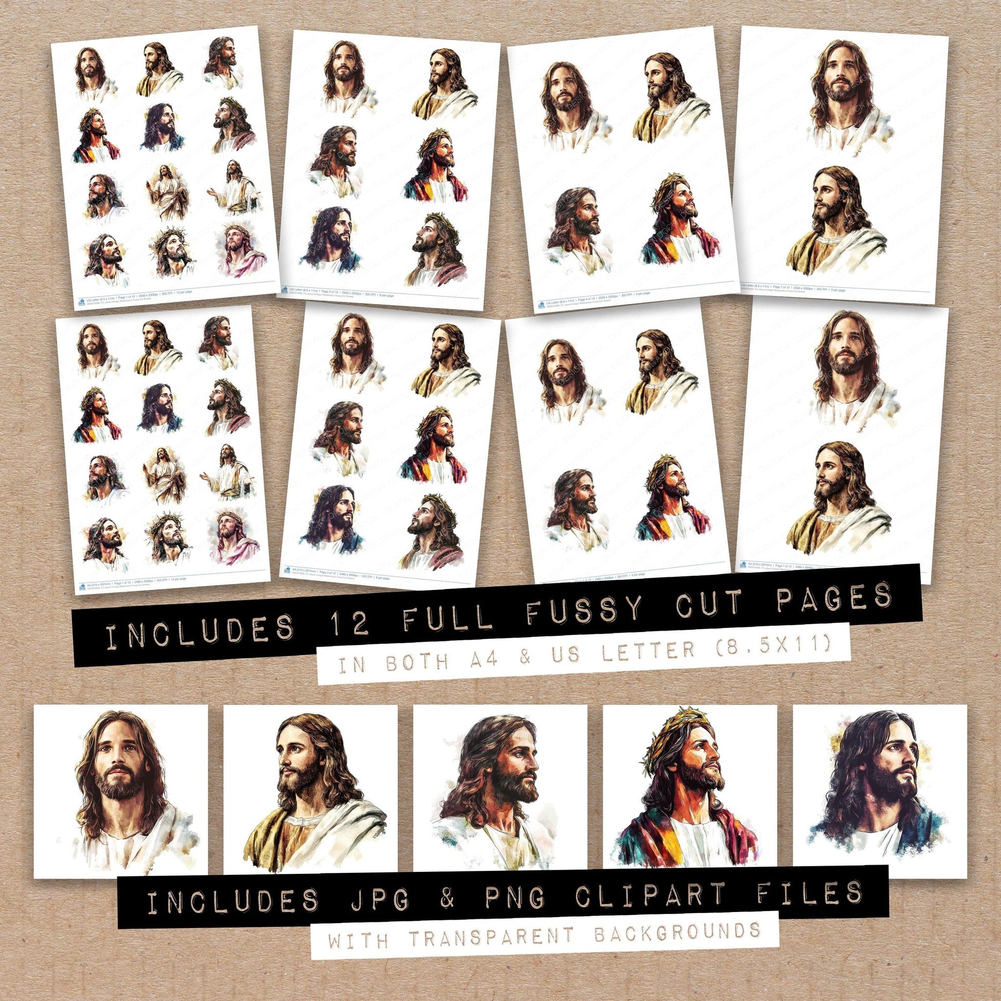 Full collection view of Jesus Vintage Watercolour fussy cut sheets with bonus clipart JPG and PNG files