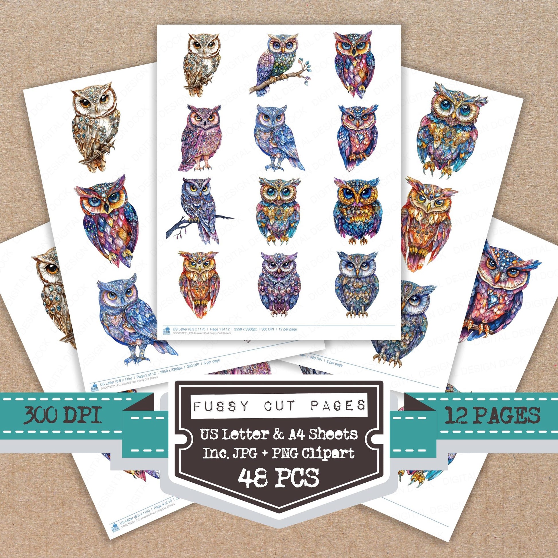 Jeweled Owl fussy cut printable sheets for junk journaling, scrapbooking, and paper craft projects