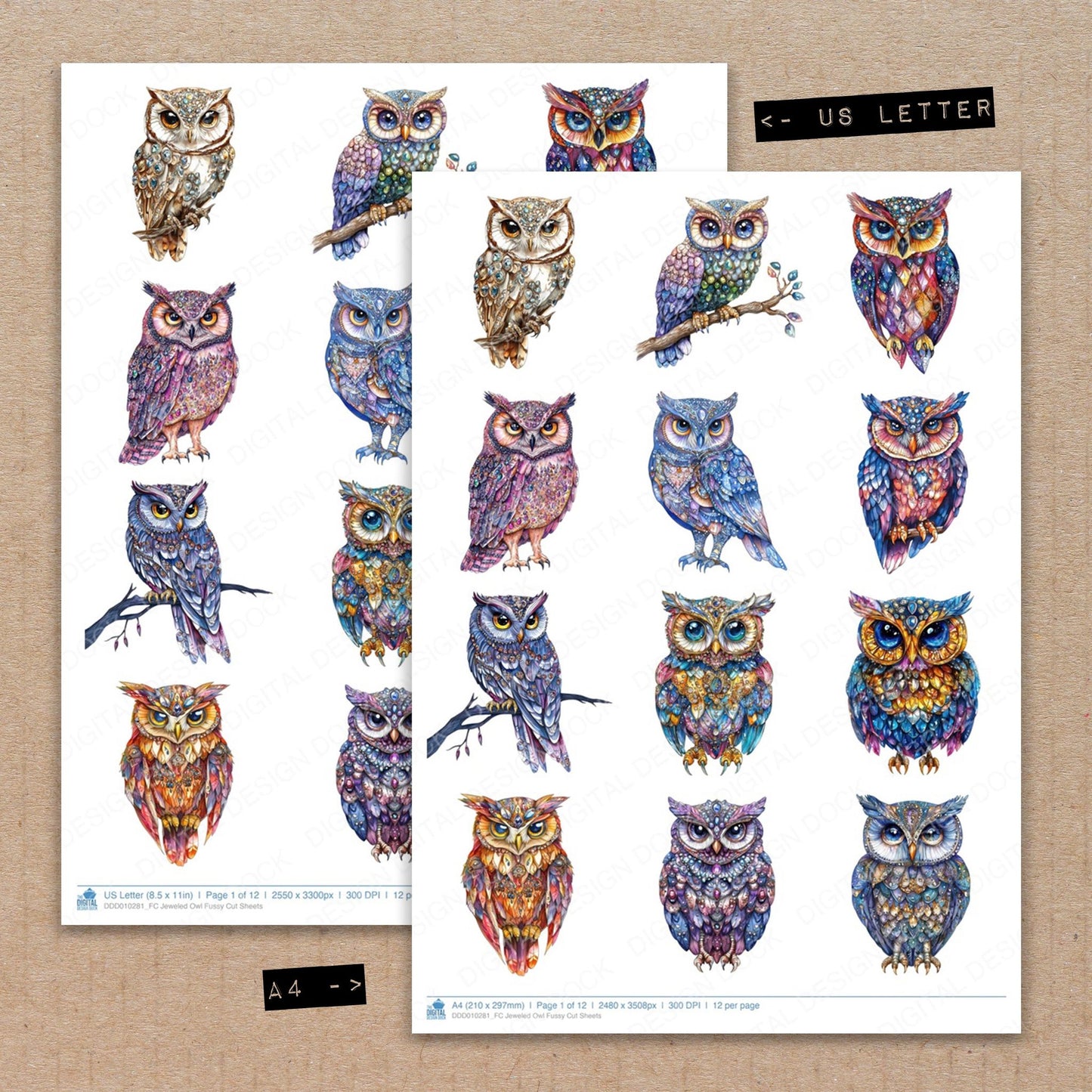 A4 and US Letter format comparison showing Jeweled Owl fussy cut pages for print and cut crafting