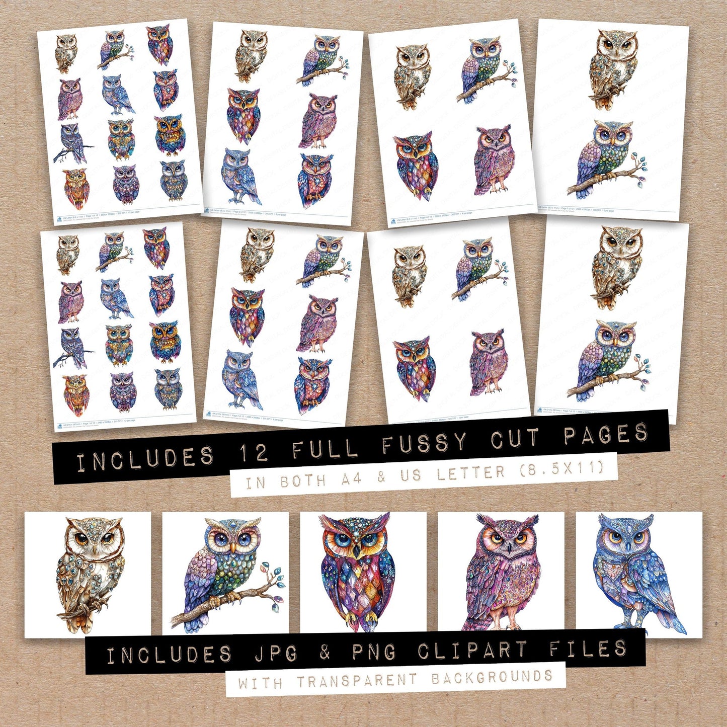 Full collection view of Jeweled Owl fussy cut sheets with bonus clipart JPG and PNG files