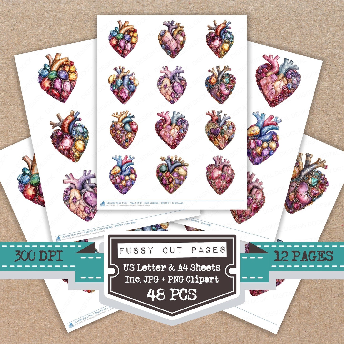 Jewelled Human Heart fussy cut printable sheets for junk journaling, scrapbooking, and paper craft projects