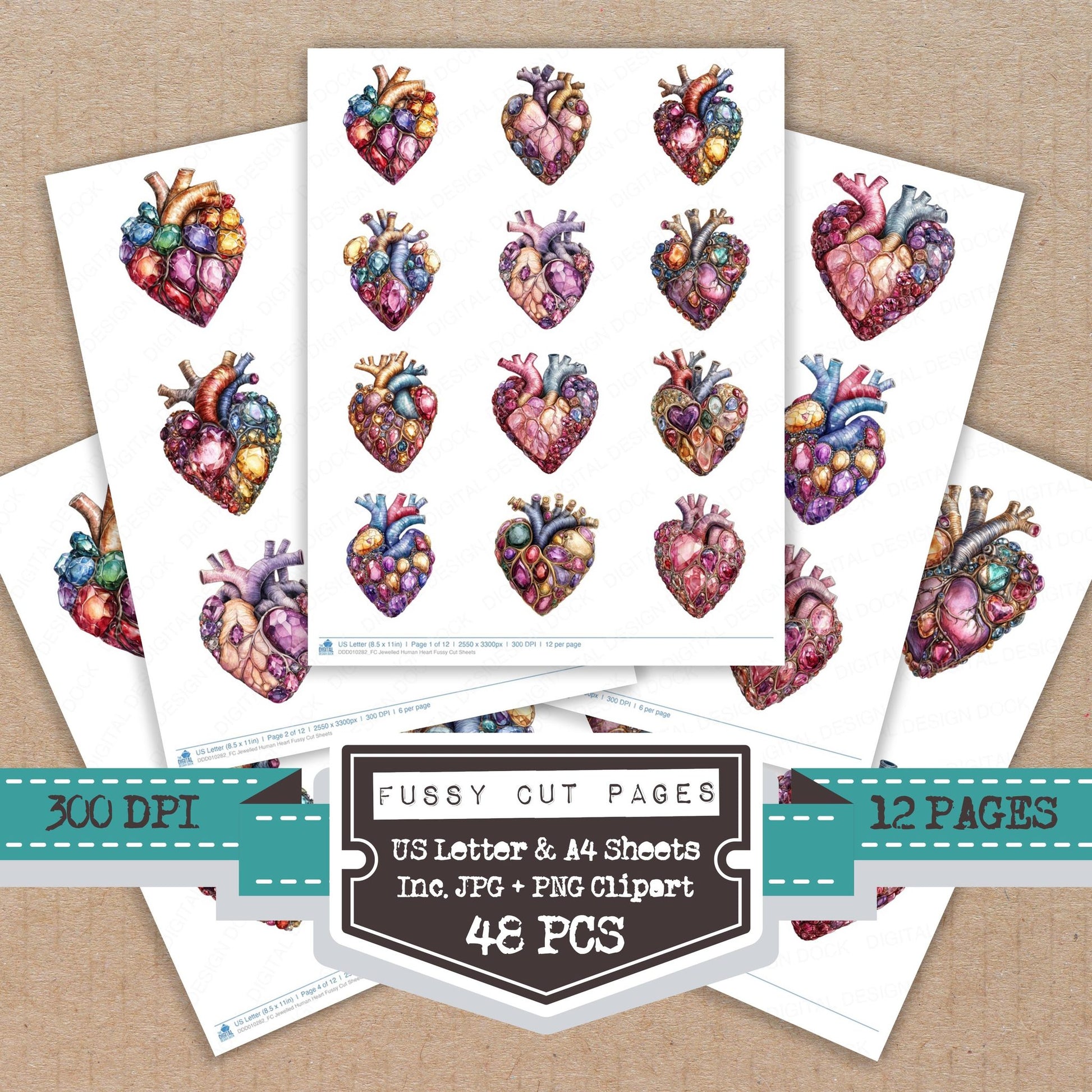 Jewelled Human Heart fussy cut printable sheets for junk journaling, scrapbooking, and paper craft projects