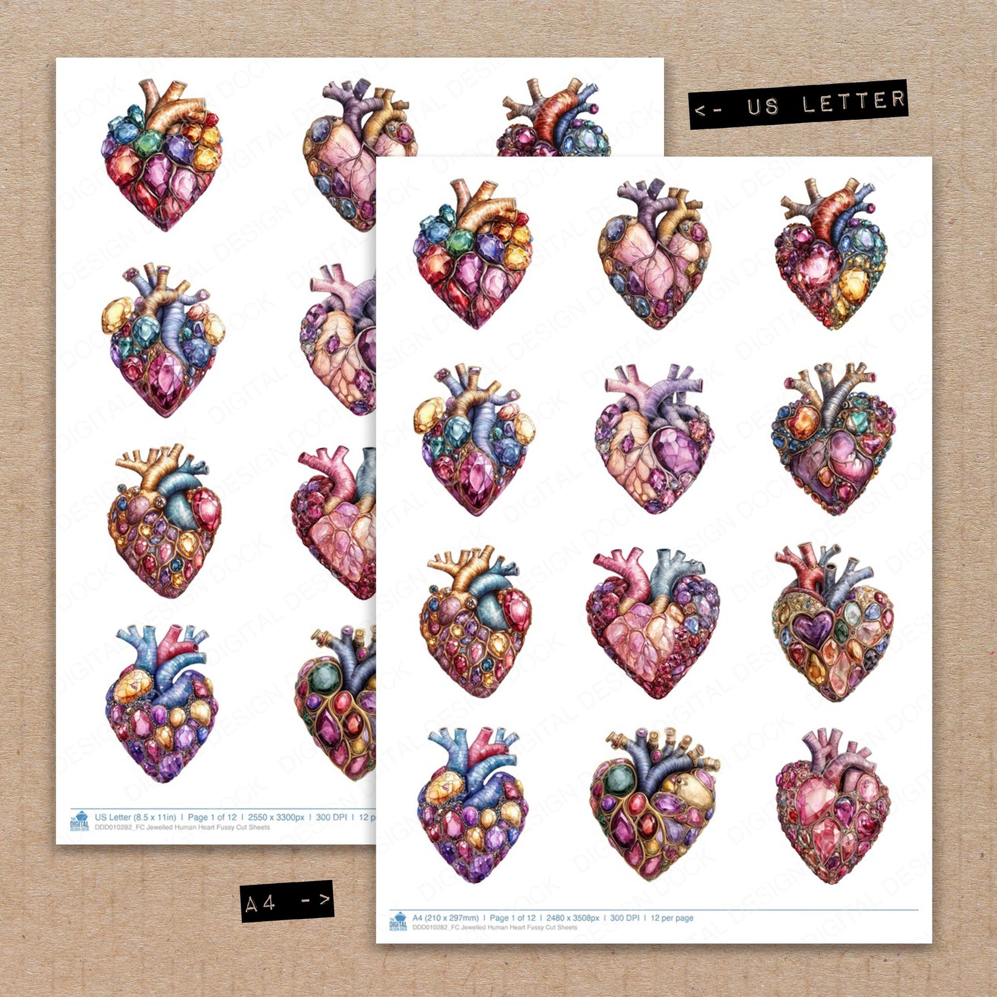 A4 and US Letter format comparison showing Jewelled Human Heart fussy cut pages for print and cut crafting