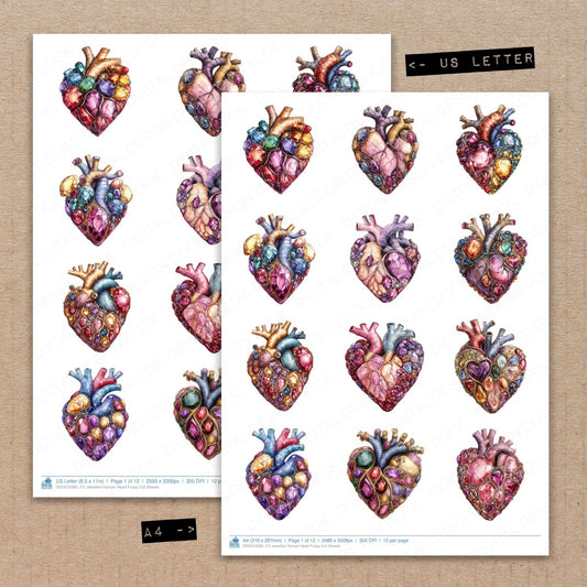 A4 and US Letter format comparison showing Jewelled Human Heart fussy cut pages for print and cut crafting
