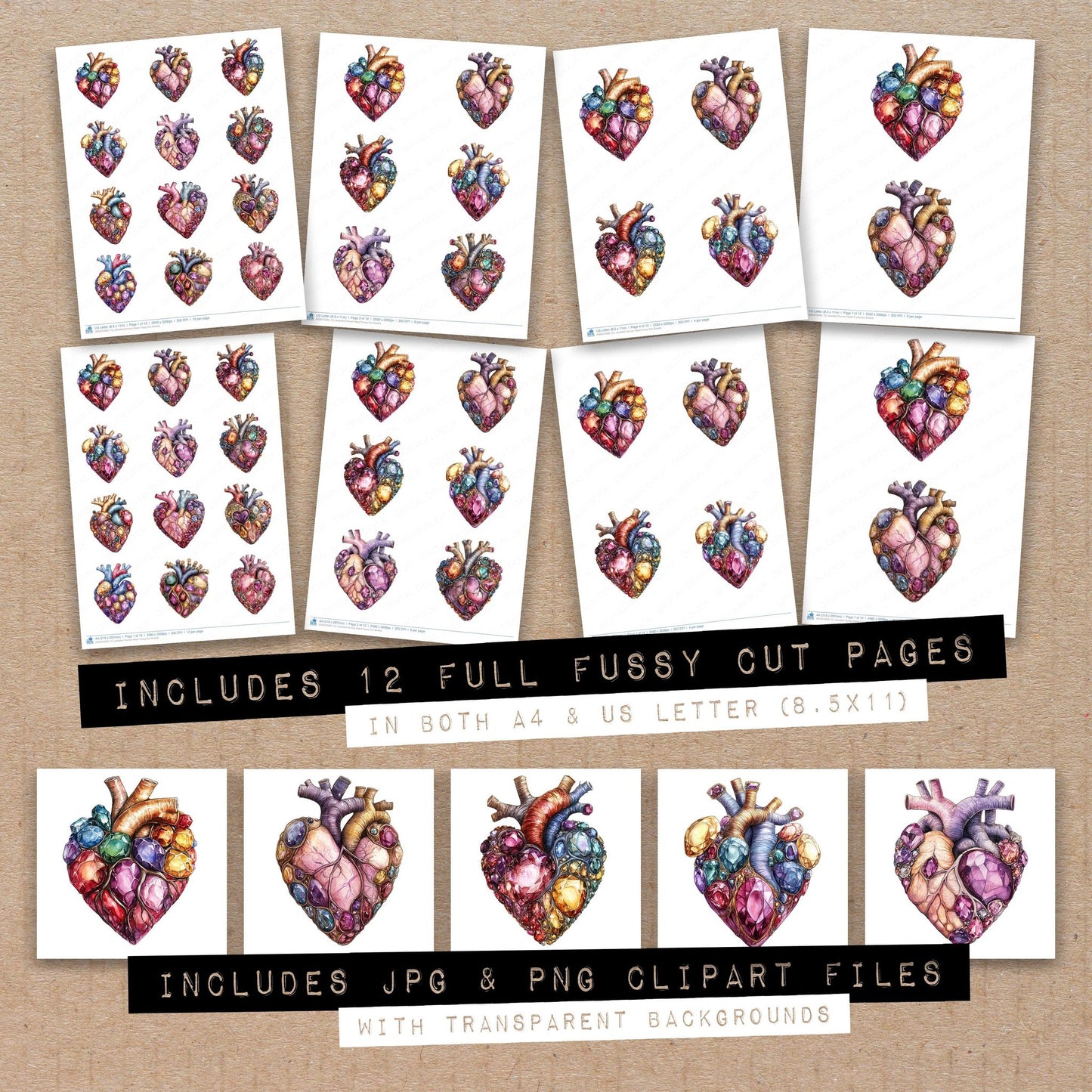 Full collection view of Jewelled Human Heart fussy cut sheets with bonus clipart JPG and PNG files