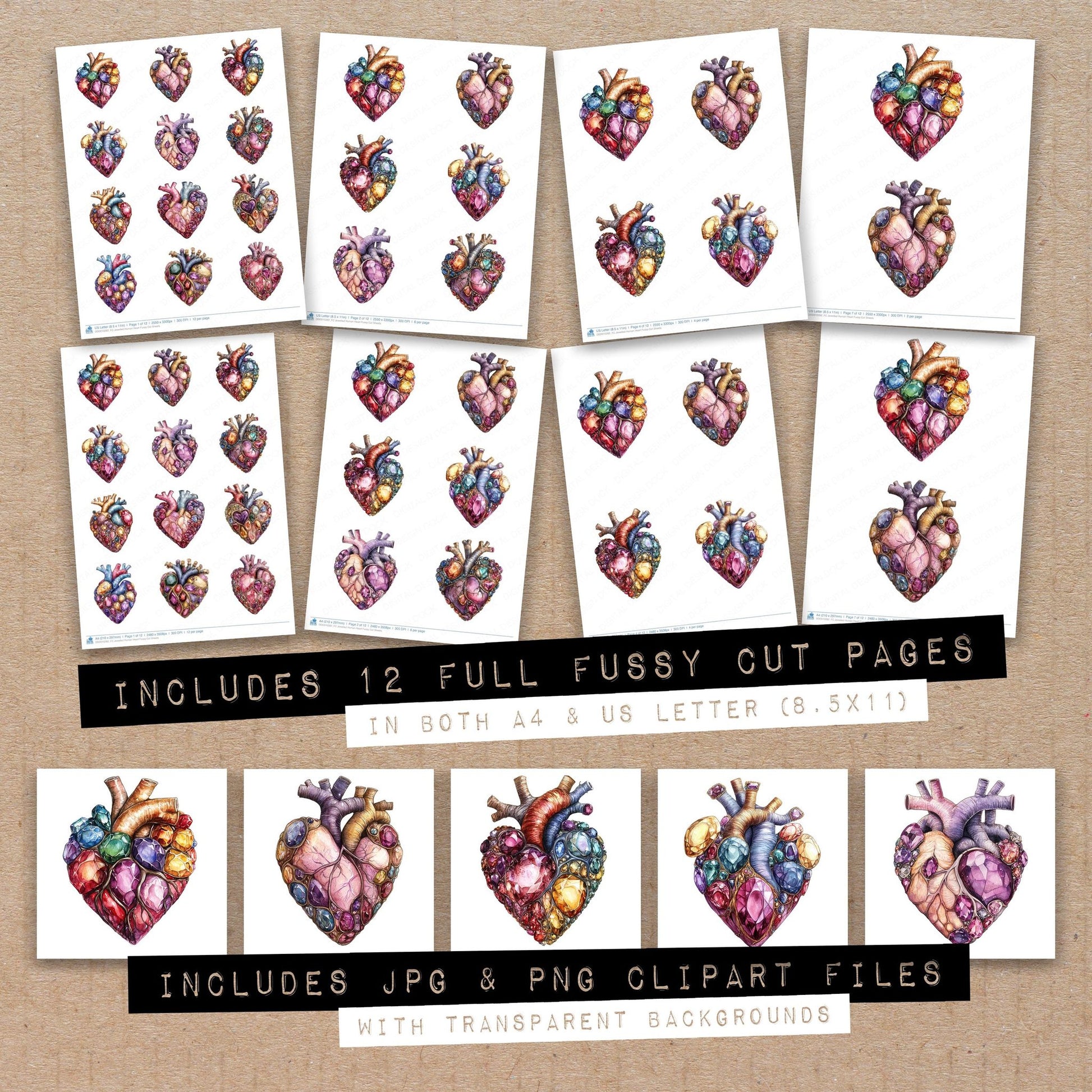 Full collection view of Jewelled Human Heart fussy cut sheets with bonus clipart JPG and PNG files