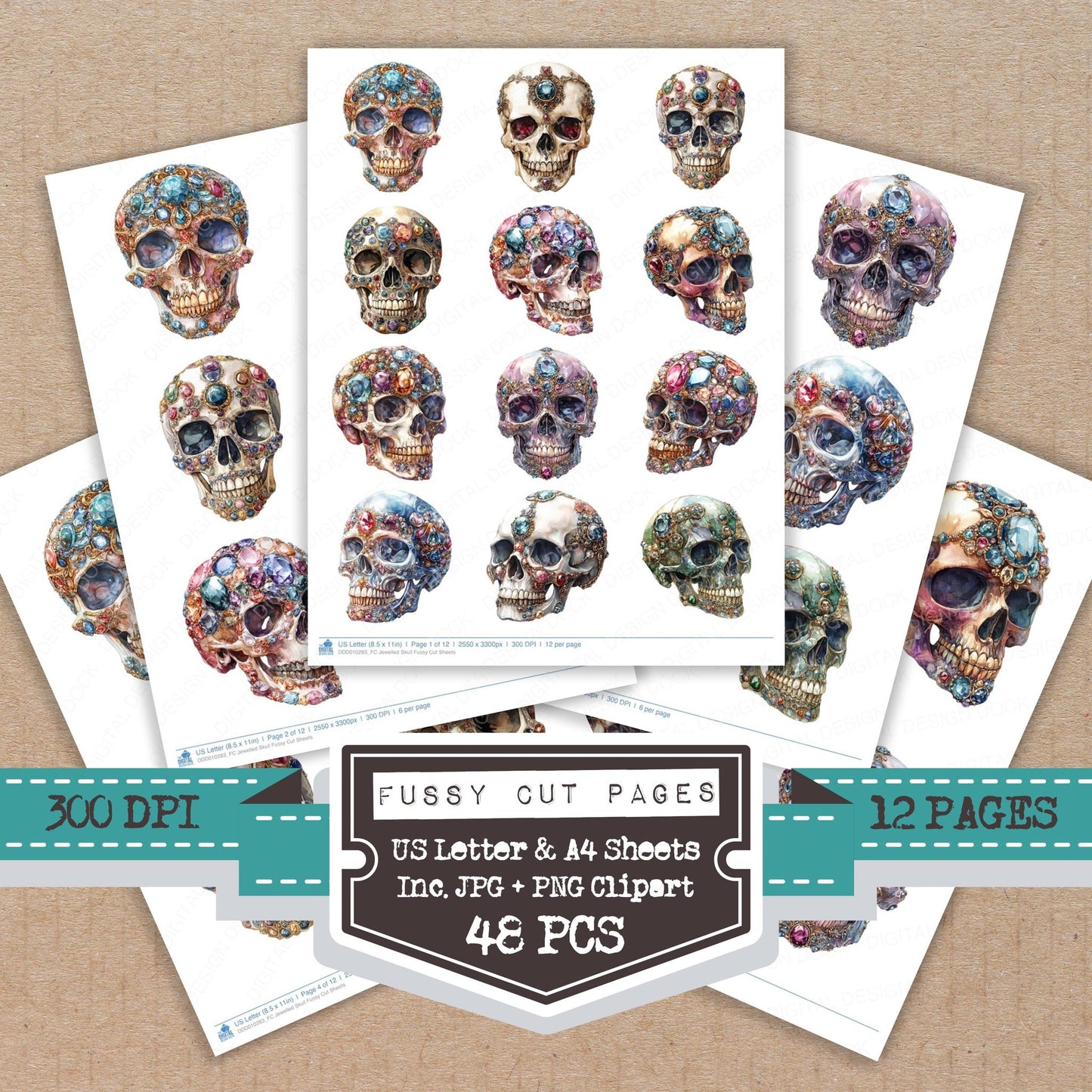Jewelled Skull fussy cut printable sheets for junk journaling, scrapbooking, and paper craft projects