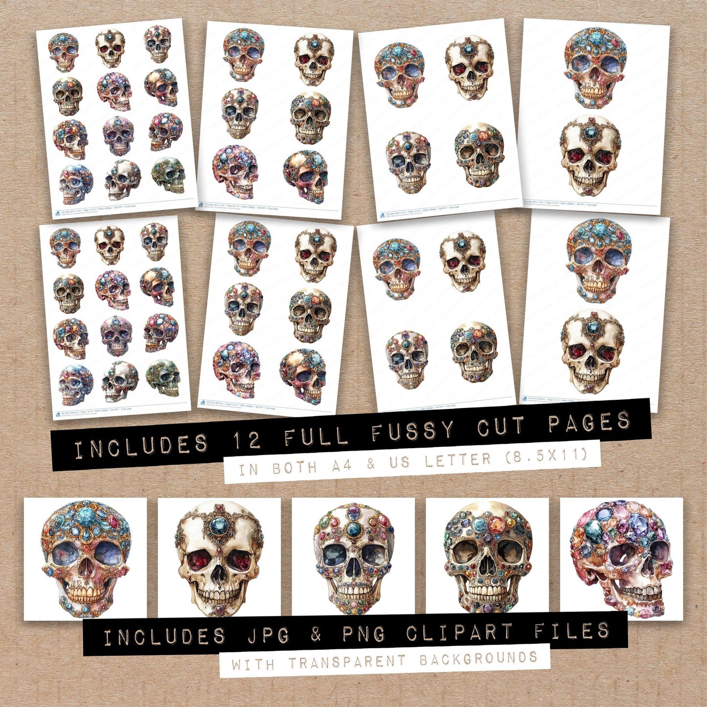 Full collection view of Jewelled Skull fussy cut sheets with bonus clipart JPG and PNG files