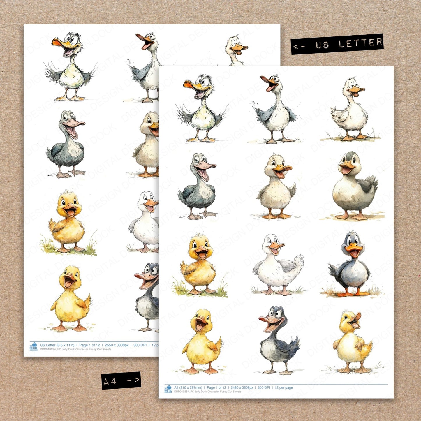 A4 and US Letter format comparison showing Jolly Duck Character fussy cut pages for print and cut crafting