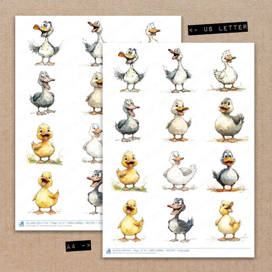A4 and US Letter format comparison showing Jolly Duck Character fussy cut pages for print and cut crafting