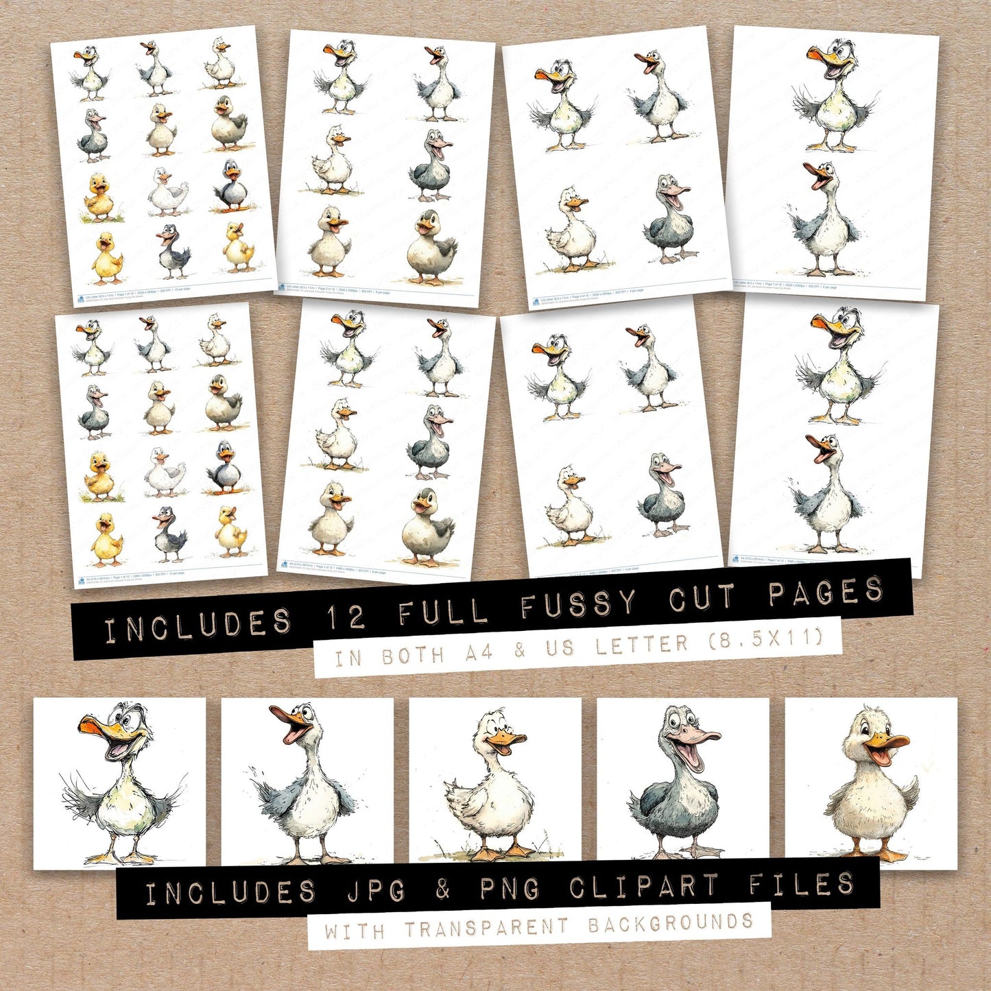 Full collection view of Jolly Duck Character fussy cut sheets with bonus clipart JPG and PNG files