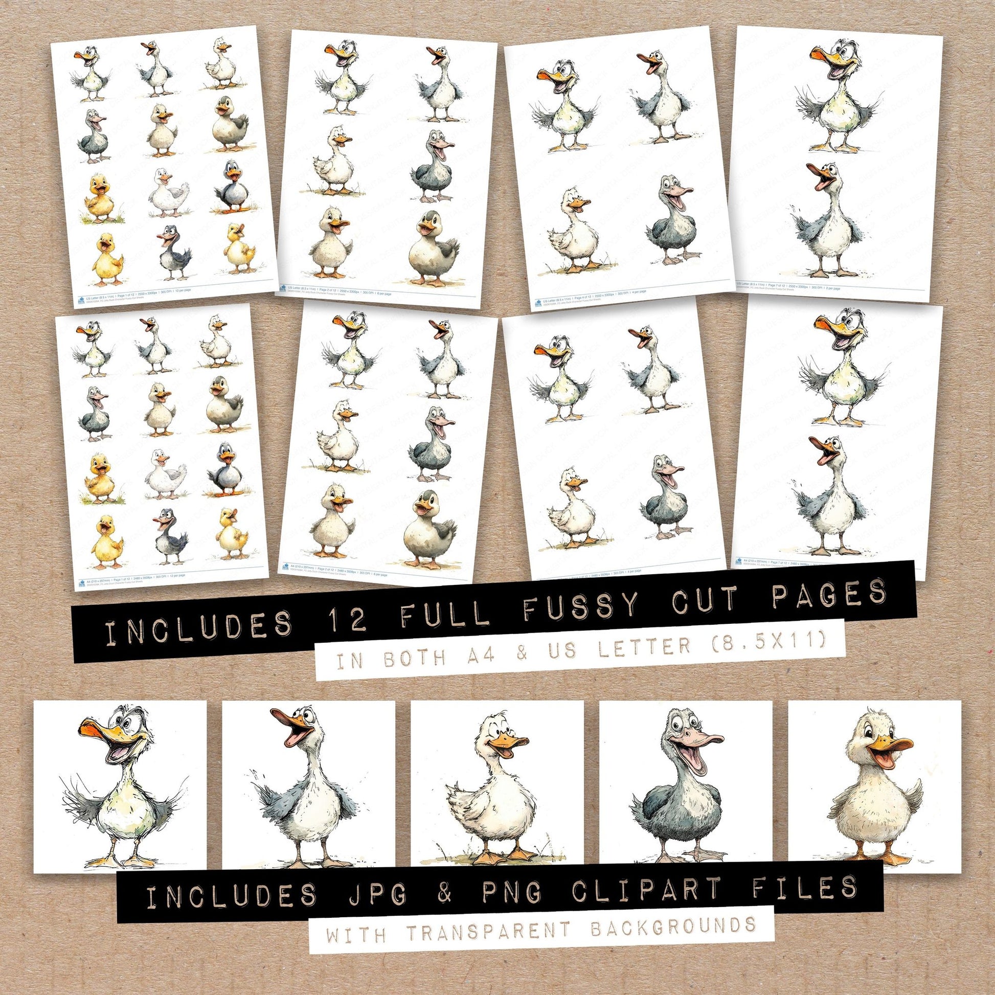 Full collection view of Jolly Duck Character fussy cut sheets with bonus clipart JPG and PNG files