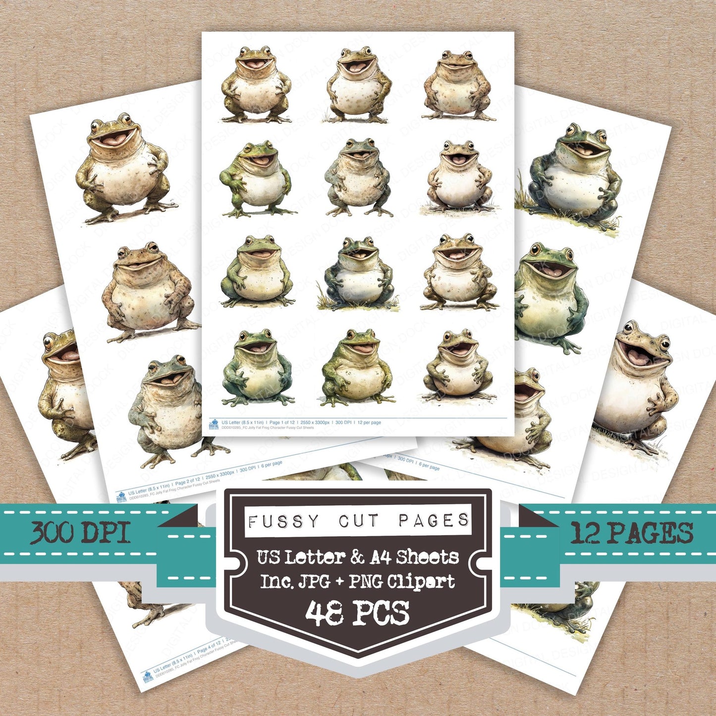 Jolly Fat Frog Character fussy cut printable sheets for junk journaling, scrapbooking, and paper craft projects