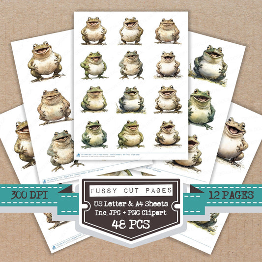 Jolly Fat Frog Character fussy cut printable sheets for junk journaling, scrapbooking, and paper craft projects