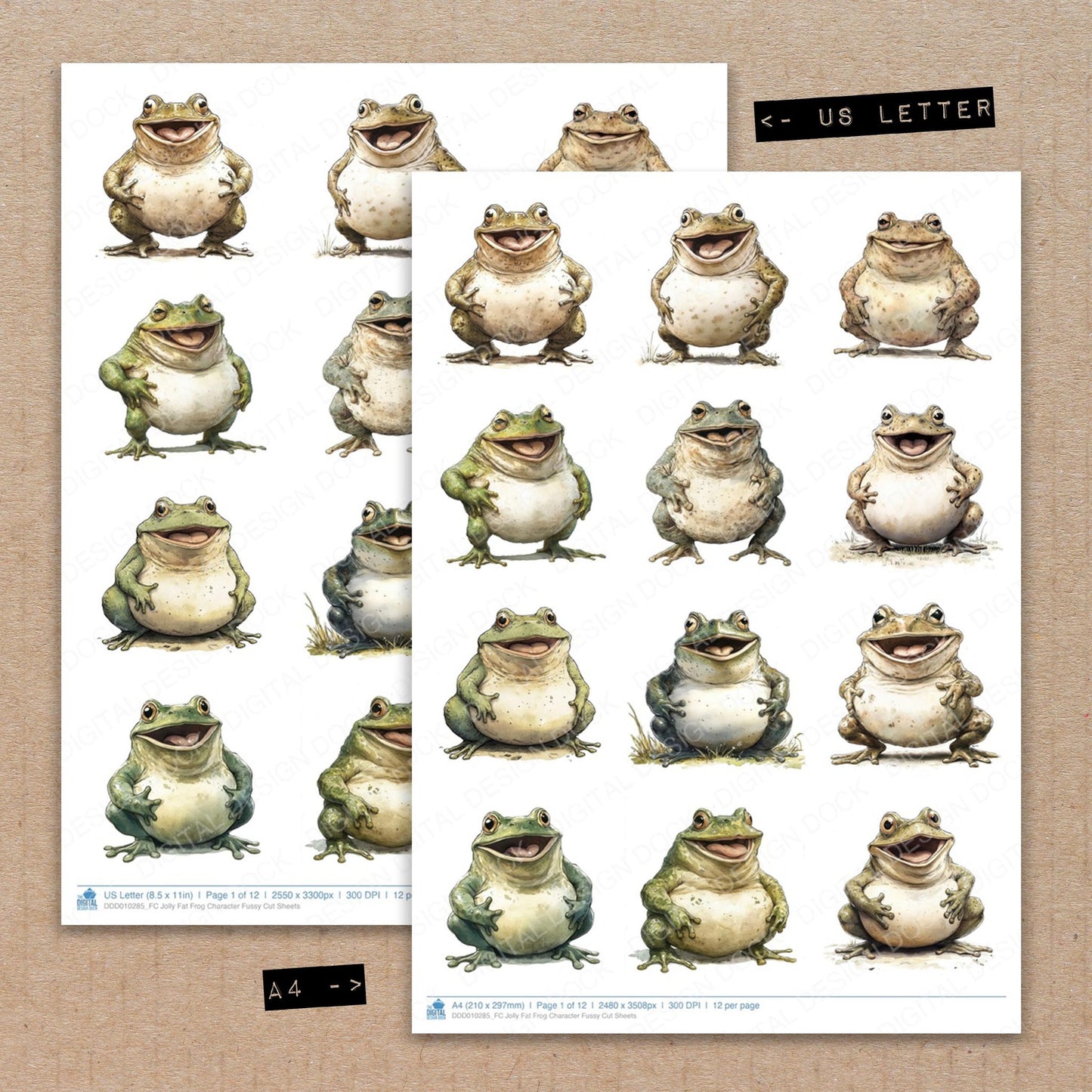 A4 and US Letter format comparison showing Jolly Fat Frog Character fussy cut pages for print and cut crafting