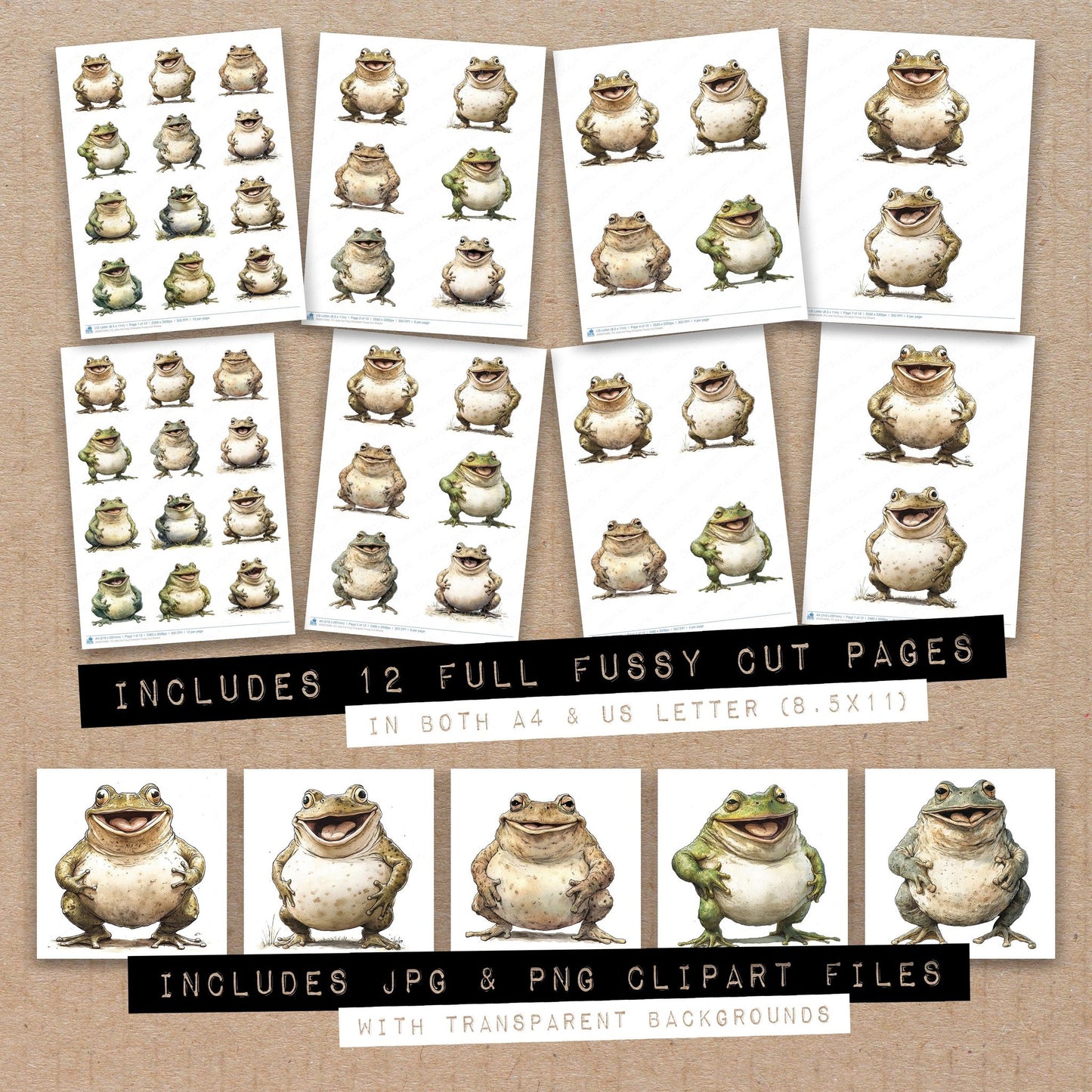 Full collection view of Jolly Fat Frog Character fussy cut sheets with bonus clipart JPG and PNG files