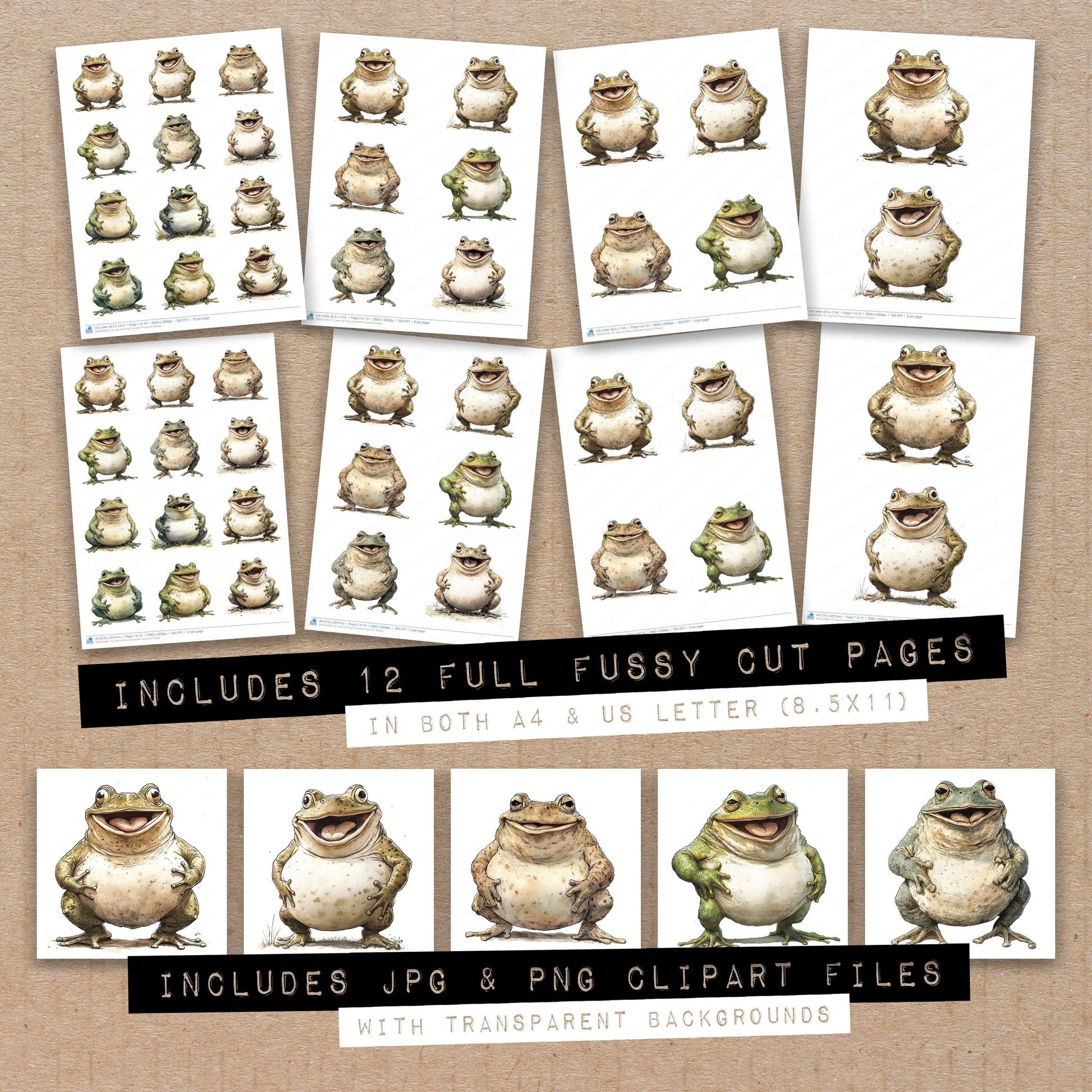Full collection view of Jolly Fat Frog Character fussy cut sheets with bonus clipart JPG and PNG files