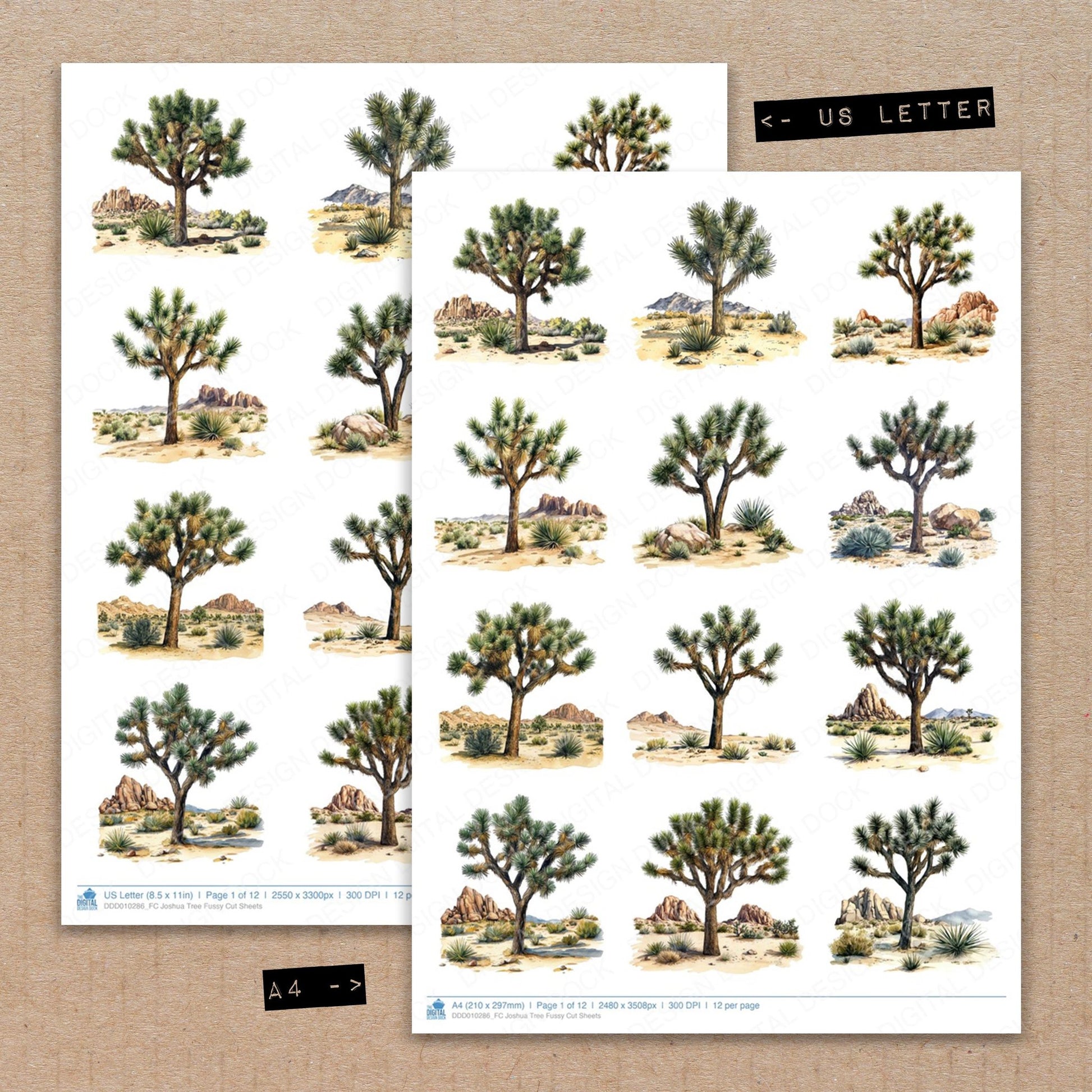 A4 and US Letter format comparison showing Joshua Tree fussy cut pages for print and cut crafting