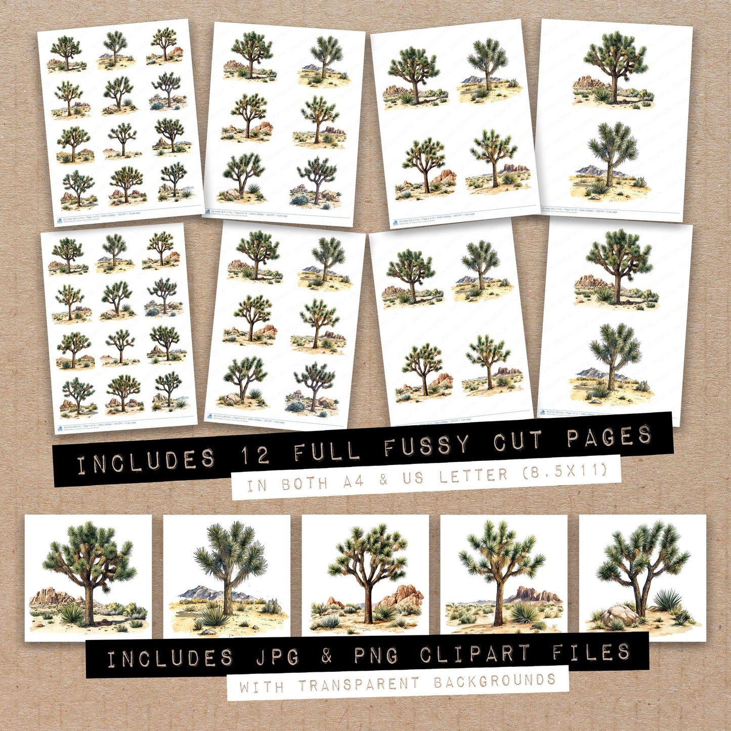 Full collection view of Joshua Tree fussy cut sheets with bonus clipart JPG and PNG files