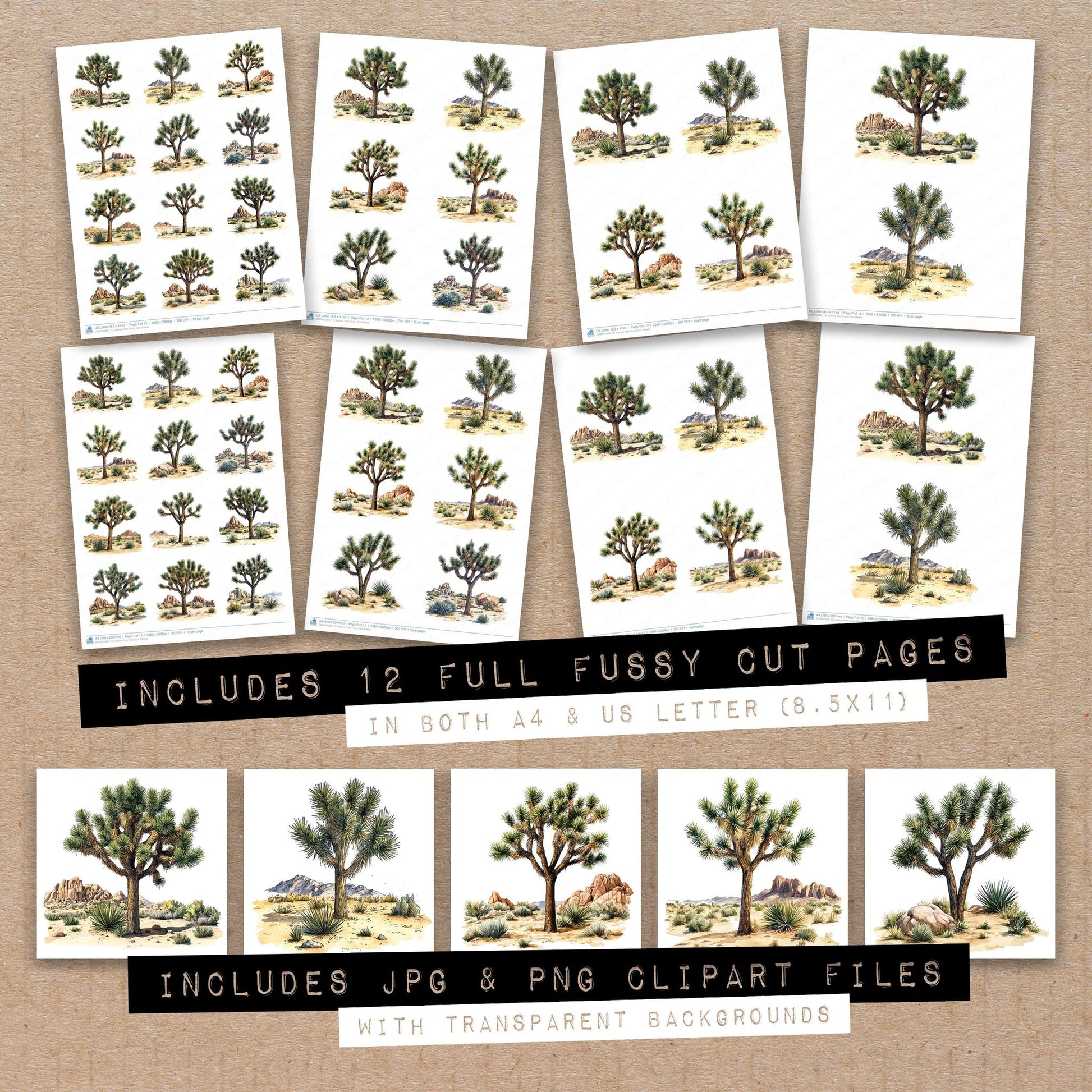 Full collection view of Joshua Tree fussy cut sheets with bonus clipart JPG and PNG files