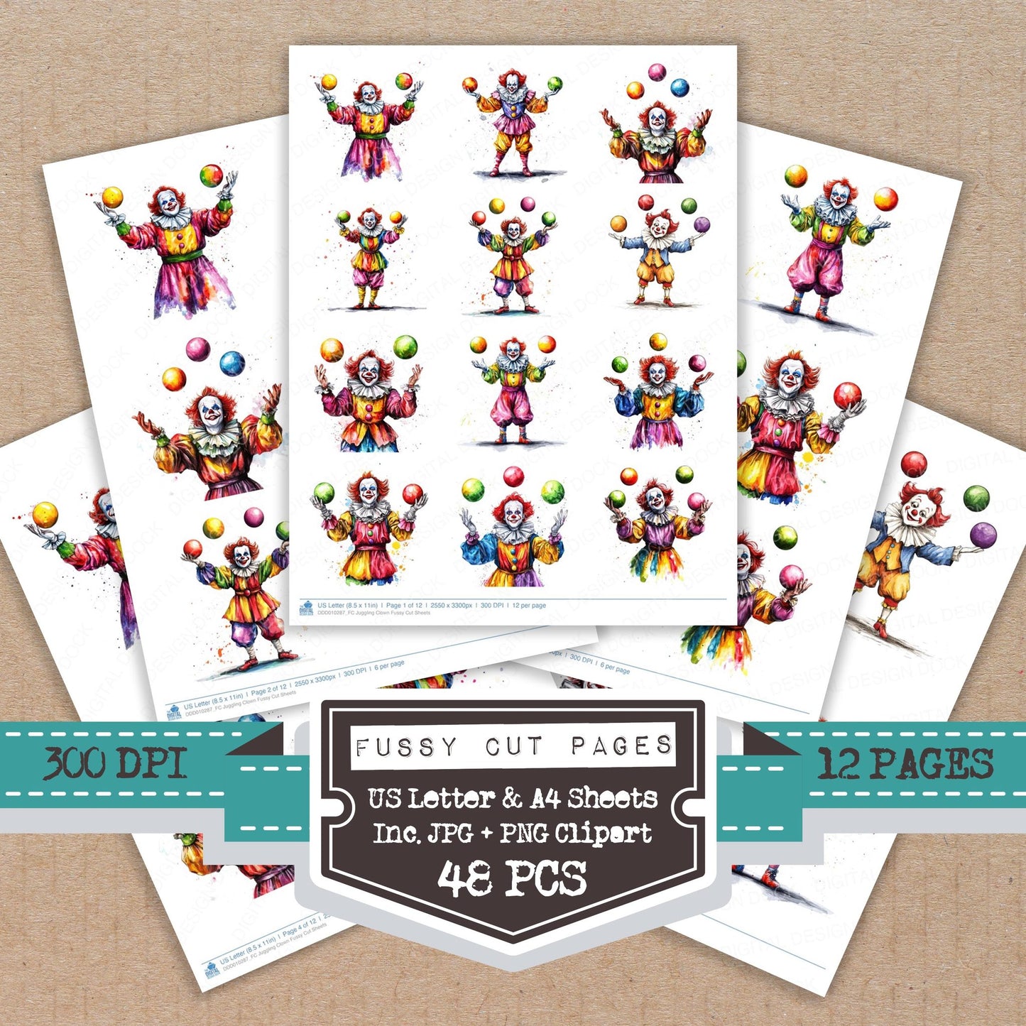 Juggling Clown fussy cut printable sheets for junk journaling, scrapbooking, and paper craft projects