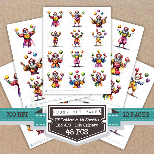 Juggling Clown fussy cut printable sheets for junk journaling, scrapbooking, and paper craft projects