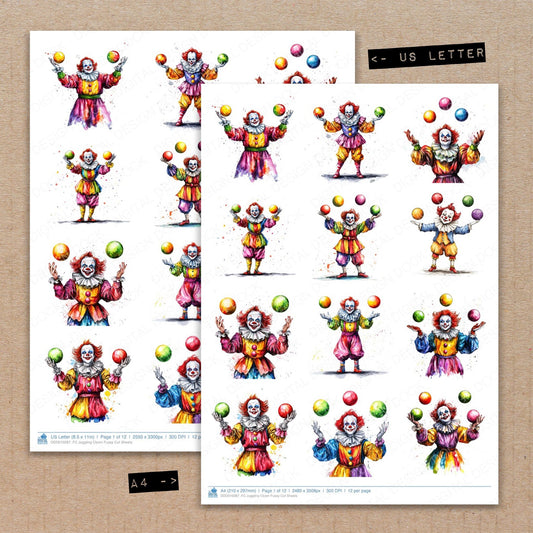 A4 and US Letter format comparison showing Juggling Clown fussy cut pages for print and cut crafting