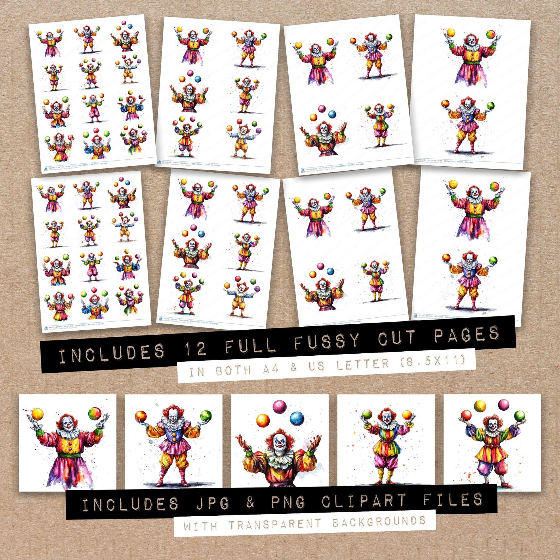 Full collection view of Juggling Clown fussy cut sheets with bonus clipart JPG and PNG files