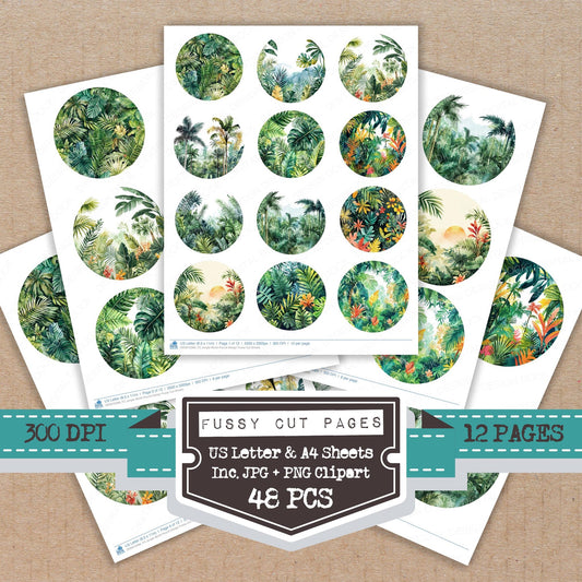 Jungle World Round Design fussy cut printable sheets for junk journaling, scrapbooking, and paper craft projects