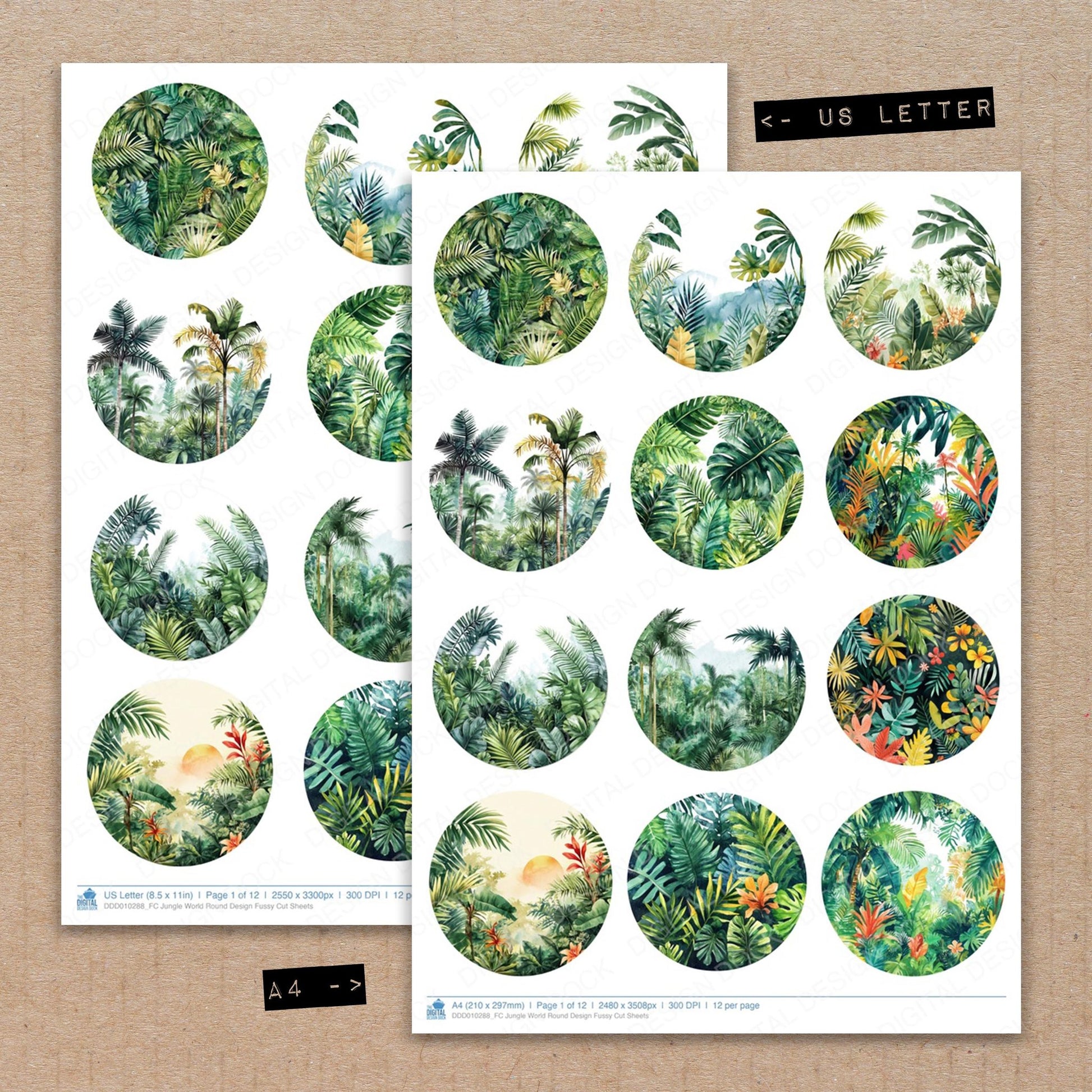 A4 and US Letter format comparison showing Jungle World Round Design fussy cut pages for print and cut crafting