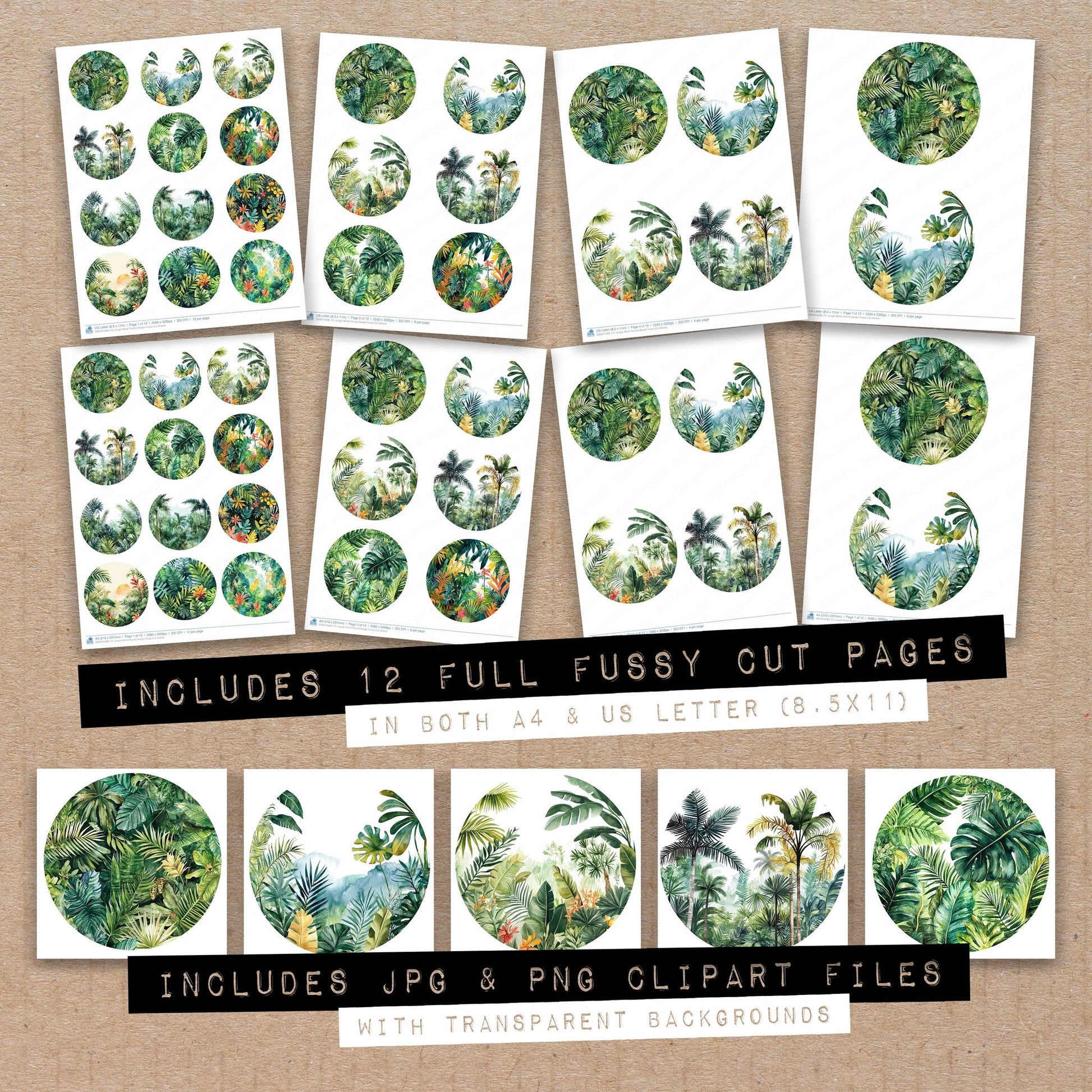 Full collection view of Jungle World Round Design fussy cut sheets with bonus clipart JPG and PNG files