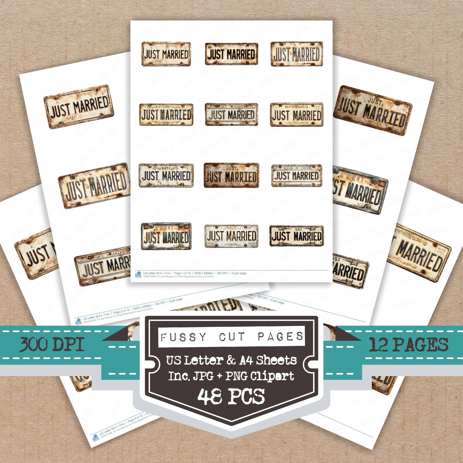 Just Married Car Plate Registration fussy cut printable sheets for junk journaling, scrapbooking, and paper craft projects