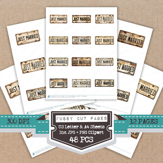 Just Married Car Plate Registration fussy cut printable sheets for junk journaling, scrapbooking, and paper craft projects
