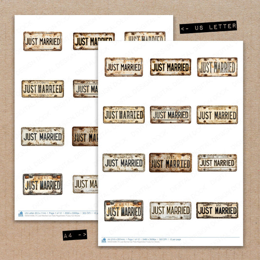 A4 and US Letter format comparison showing Just Married Car Plate Registration fussy cut pages for print and cut crafting