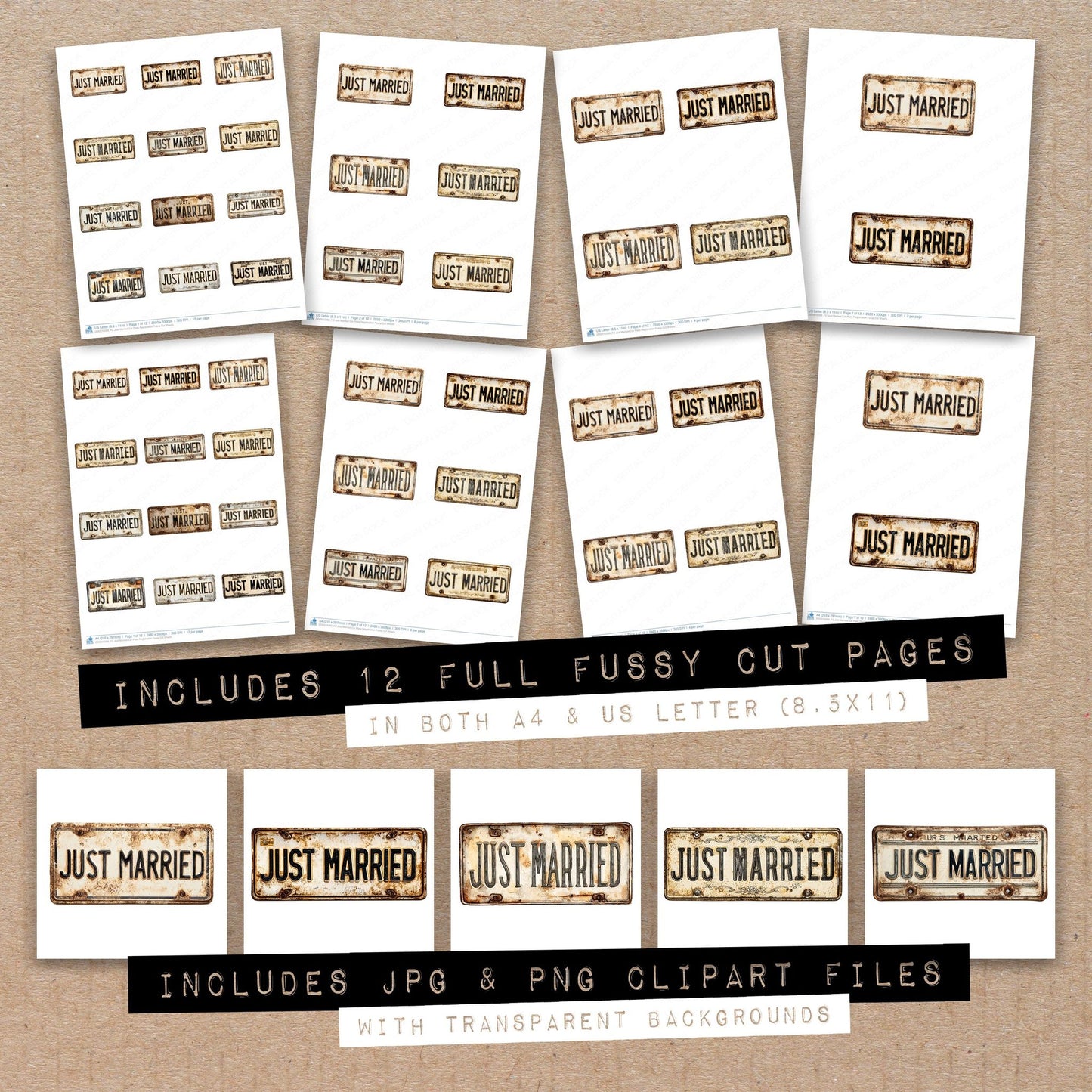 Full collection view of Just Married Car Plate Registration fussy cut sheets with bonus clipart JPG and PNG files