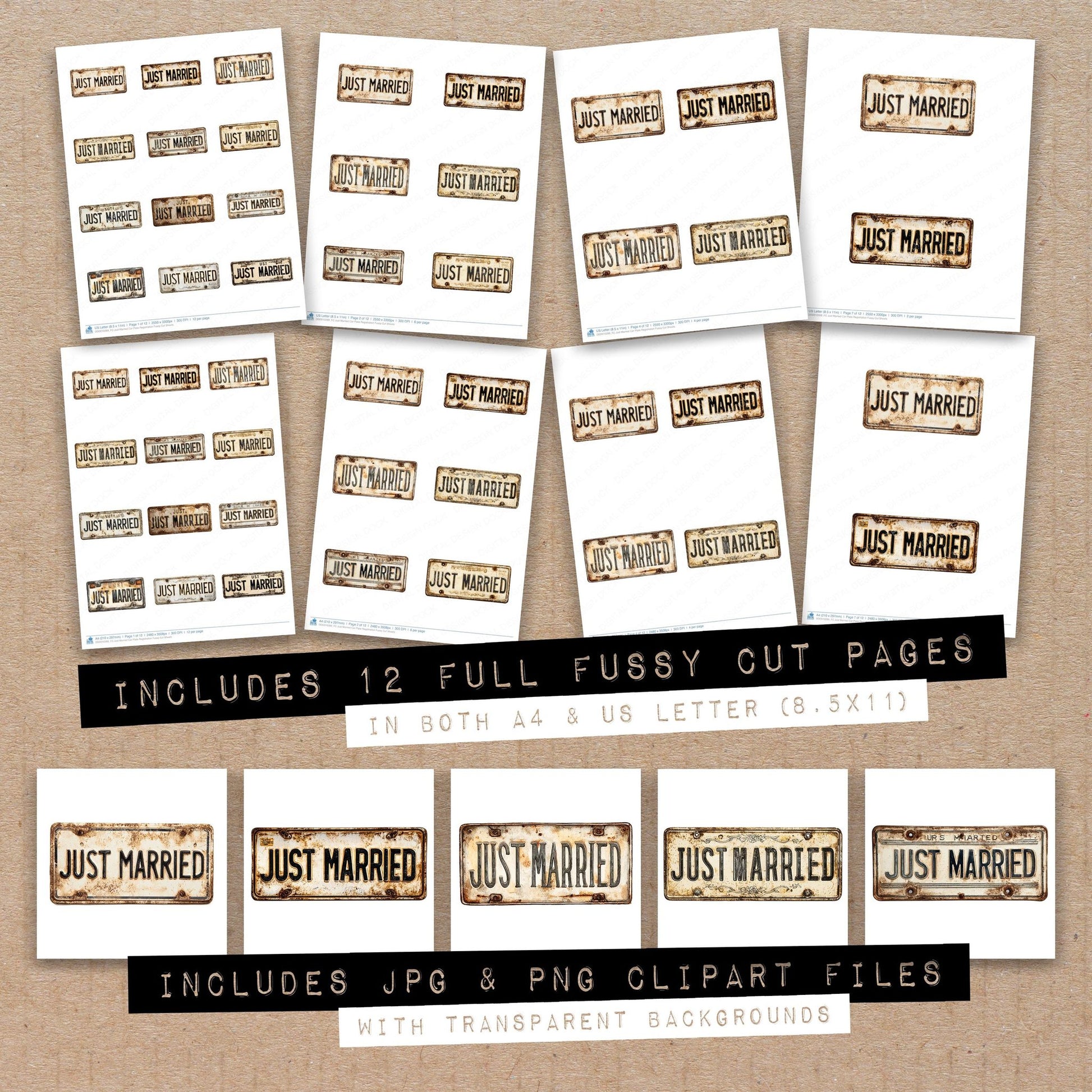 Full collection view of Just Married Car Plate Registration fussy cut sheets with bonus clipart JPG and PNG files