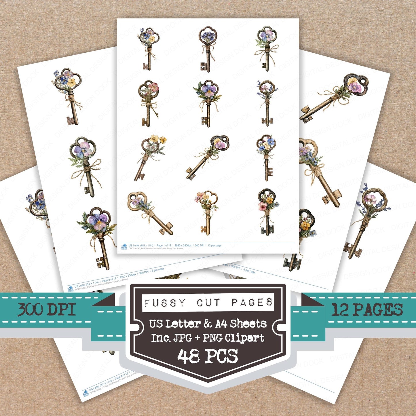 Key with Pressed Flower fussy cut printable sheets for junk journaling, scrapbooking, and paper craft projects