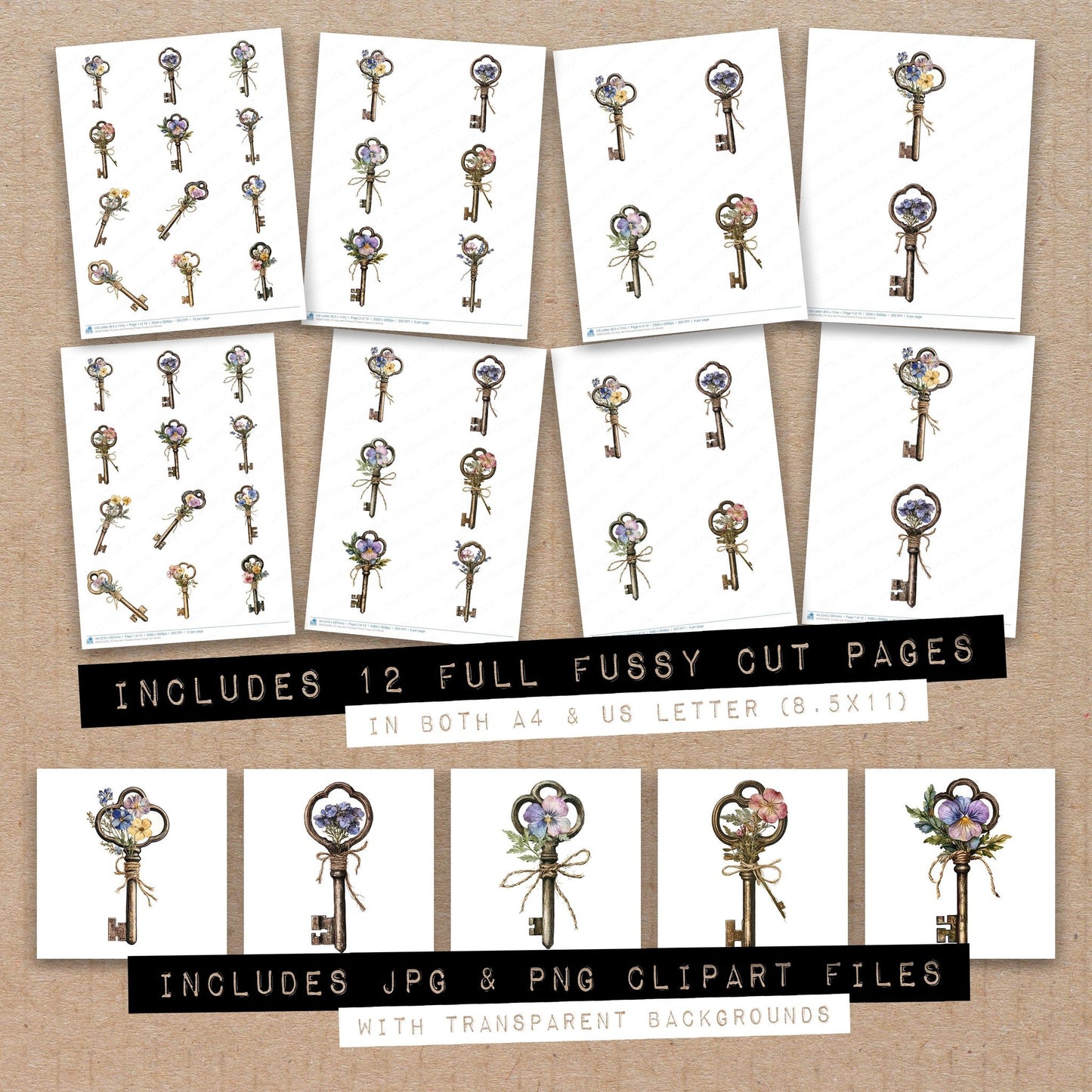 Full collection view of Key with Pressed Flower fussy cut sheets with bonus clipart JPG and PNG files