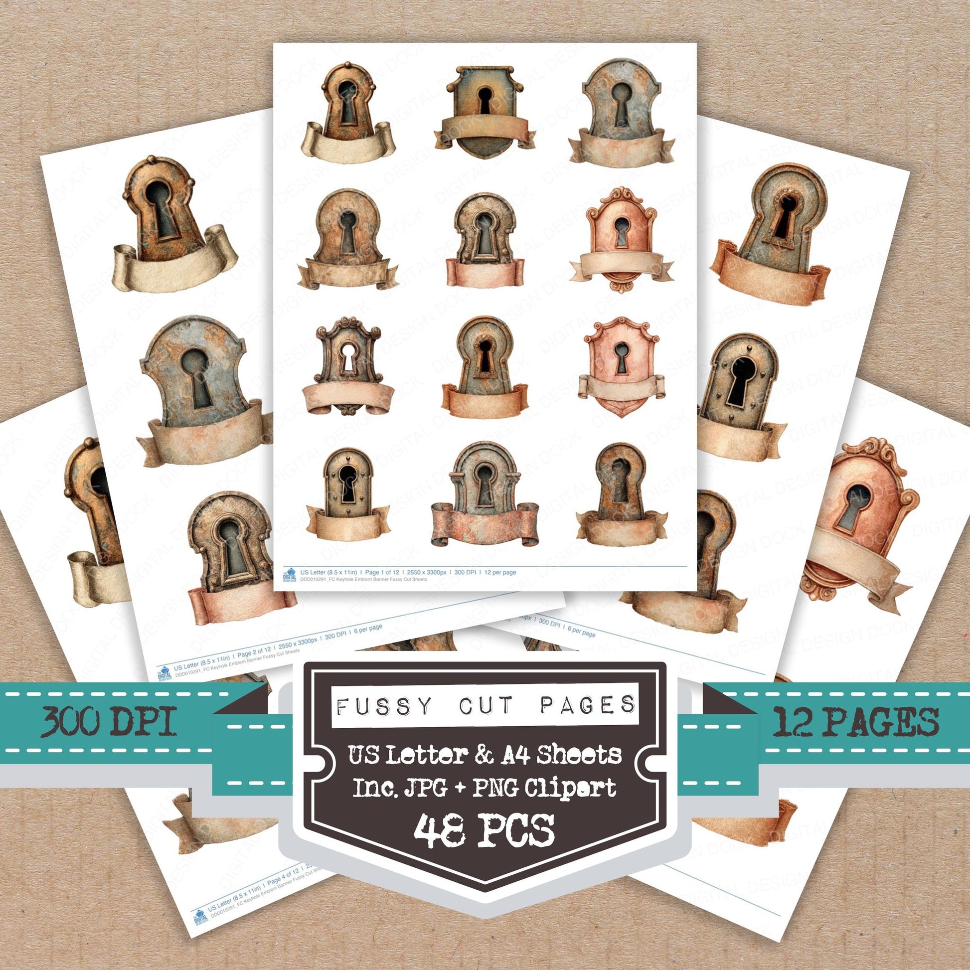 Keyhole Emblem Banner fussy cut printable sheets for junk journaling, scrapbooking, and paper craft projects
