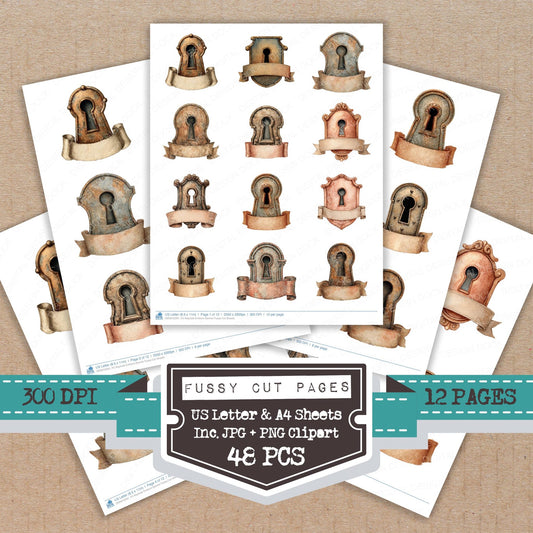 Keyhole Emblem Banner fussy cut printable sheets for junk journaling, scrapbooking, and paper craft projects