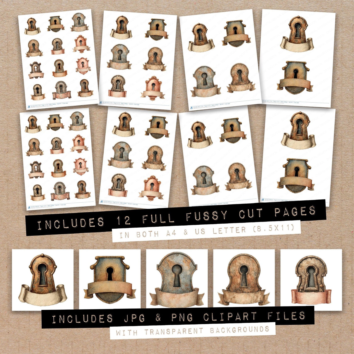 Full collection view of Keyhole Emblem Banner fussy cut sheets with bonus clipart JPG and PNG files