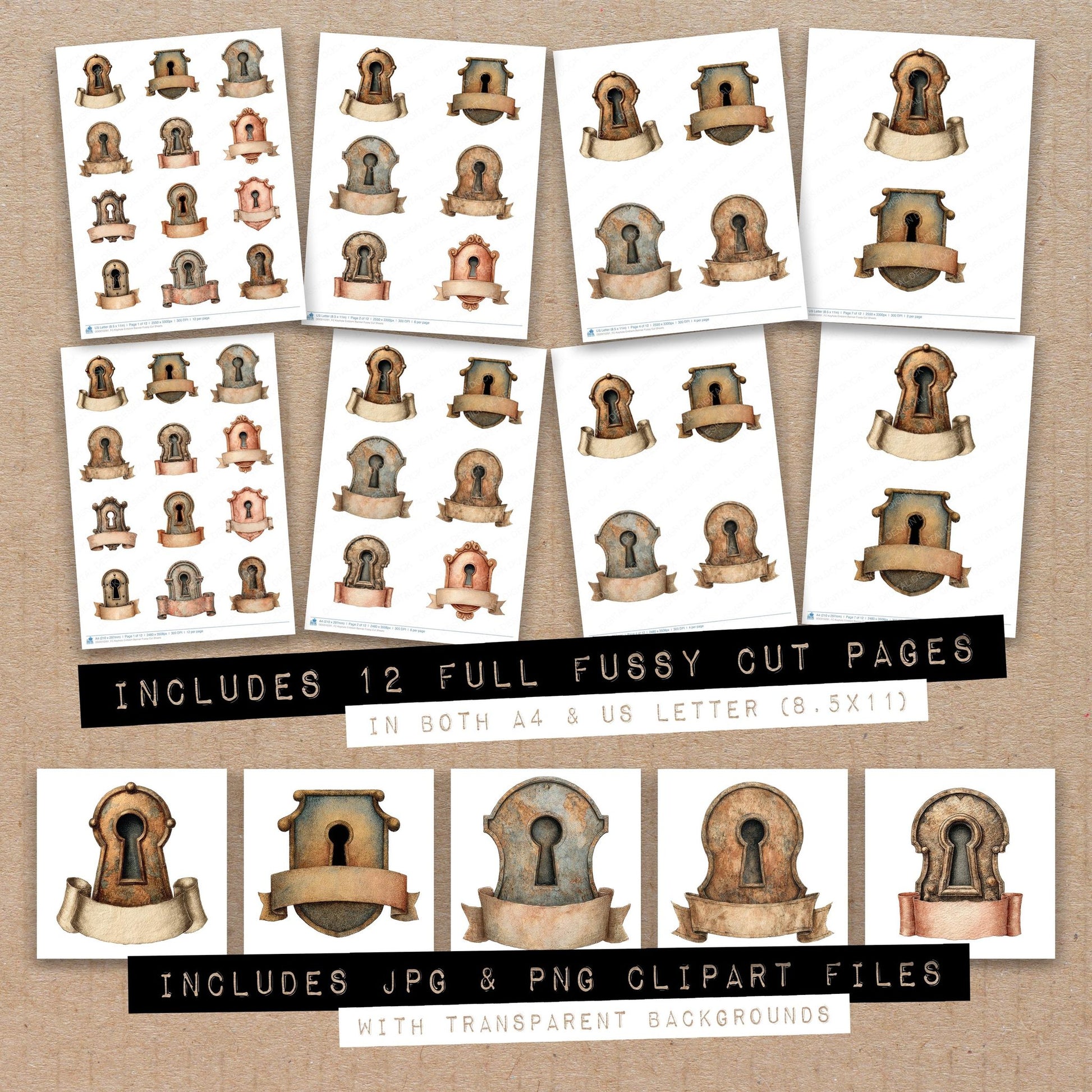Full collection view of Keyhole Emblem Banner fussy cut sheets with bonus clipart JPG and PNG files