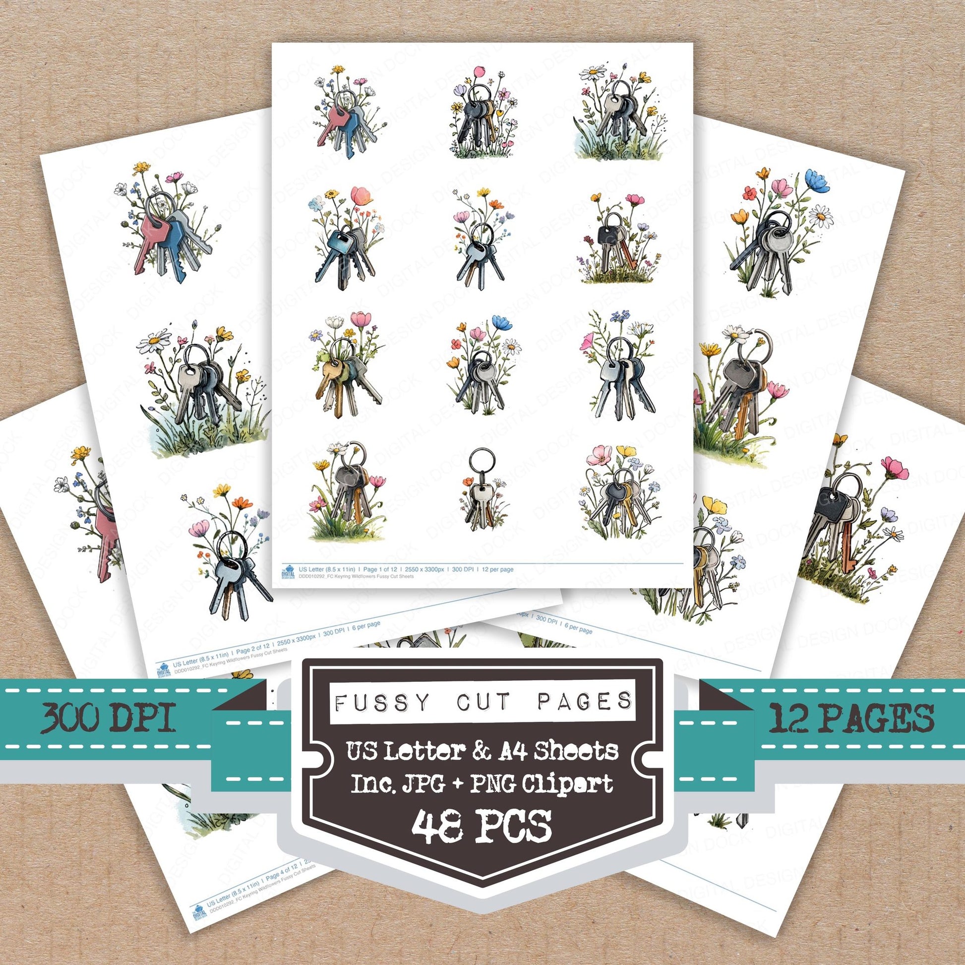Keyring Wildflowers fussy cut printable sheets for junk journaling, scrapbooking, and paper craft projects