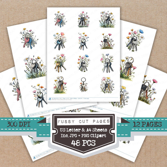 Keyring Wildflowers fussy cut printable sheets for junk journaling, scrapbooking, and paper craft projects
